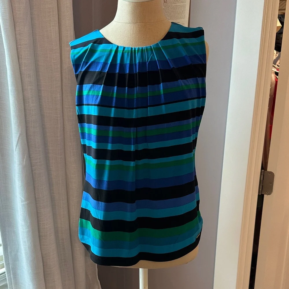 Calvin Klein Sleeveless Striped Blue & Green Pleated Women's Top - Picture 1 of 3